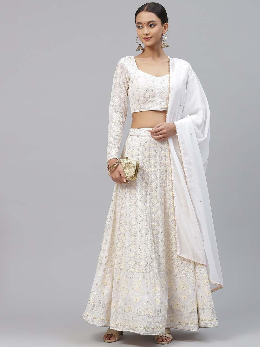 fabpixel white embroidered sequinned semi-stitched lehenga & unstitched blouse with dupatta