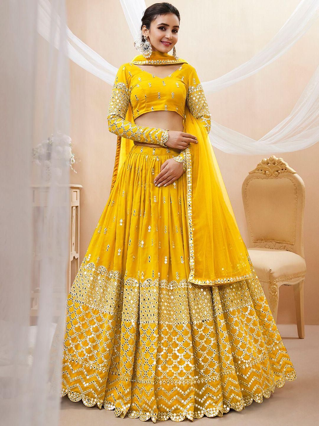 fabpixel yellow & gold-toned embroidered sequinned semi-stitched lehenga & unstitched blouse with dupatta