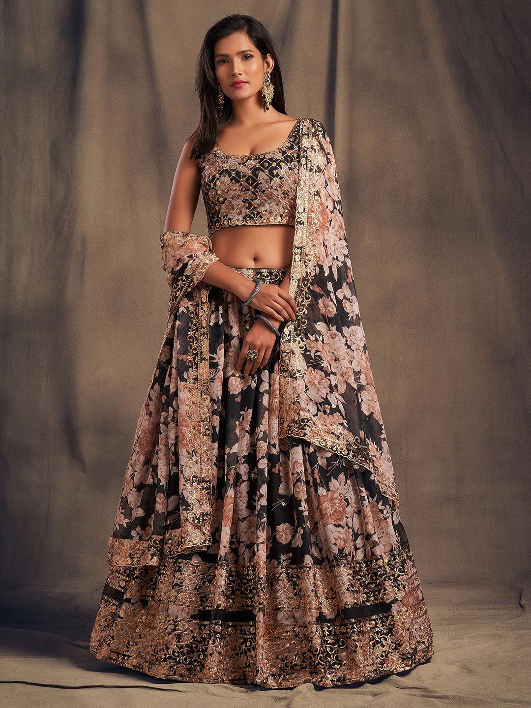 fabpixel black & peach-coloured embroidered sequinned shibori semi-stitched lehenga & unstitched blouse with