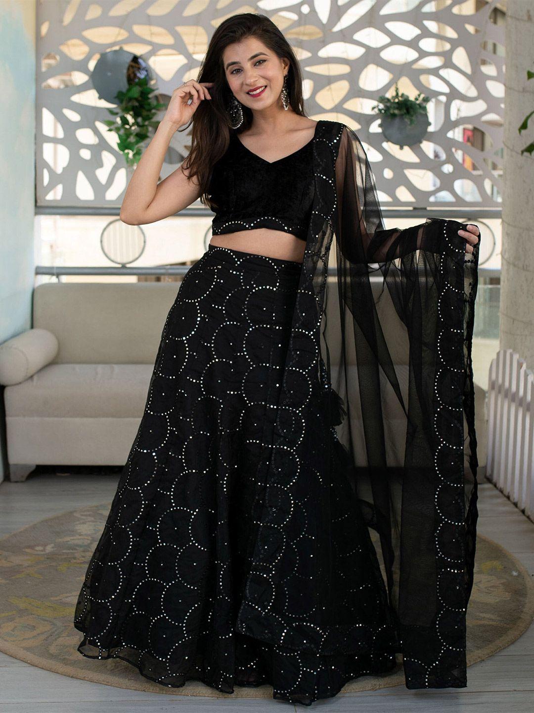 fabpixel black embroidered sequinned semi-stitched lehenga & unstitched blouse with dupatta