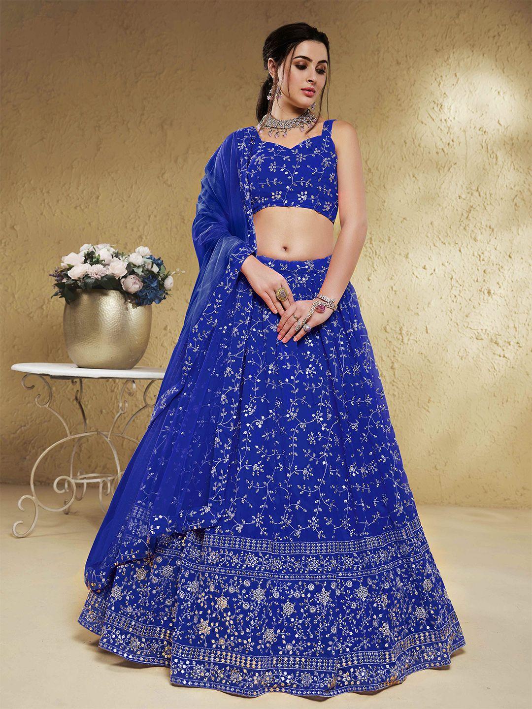 fabpixel blue & gold-toned embroidered sequinned semi-stitched lehenga & unstitched blouse with dupatta