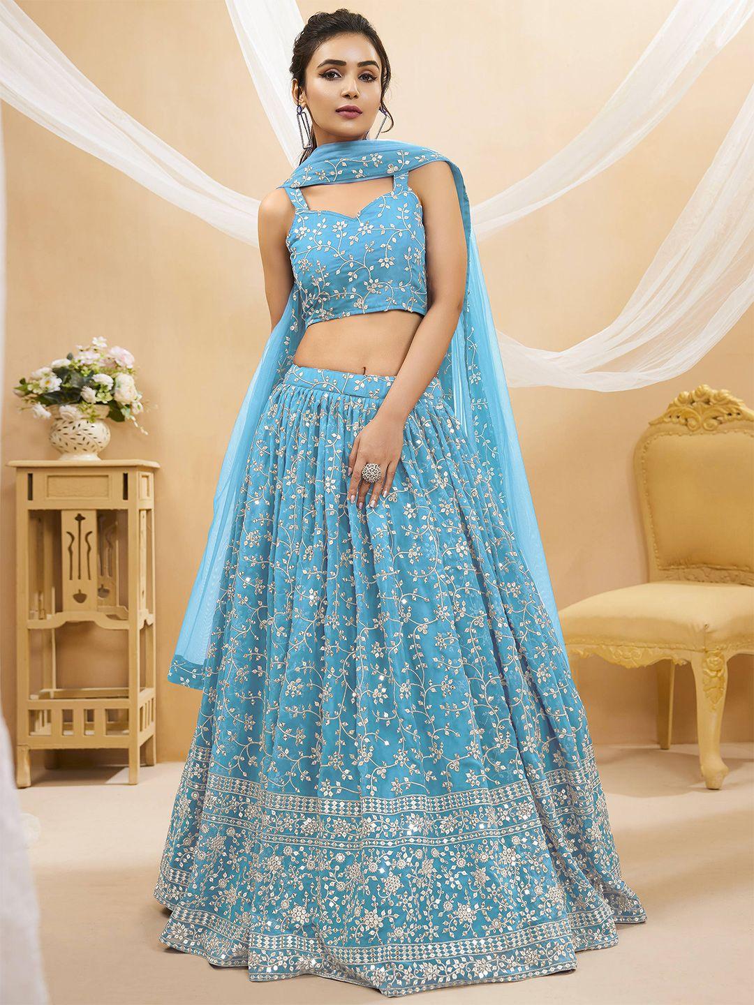 fabpixel blue & gold-toned embroidered thread work semi-stitched lehenga & unstitched blouse with dupatta