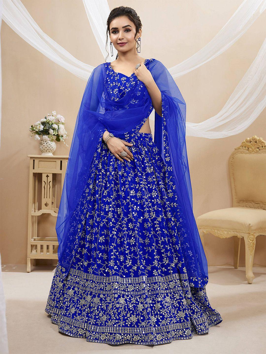 fabpixel blue & gold-toned embroidered thread work semi-stitched lehenga & unstitched blouse with dupatta