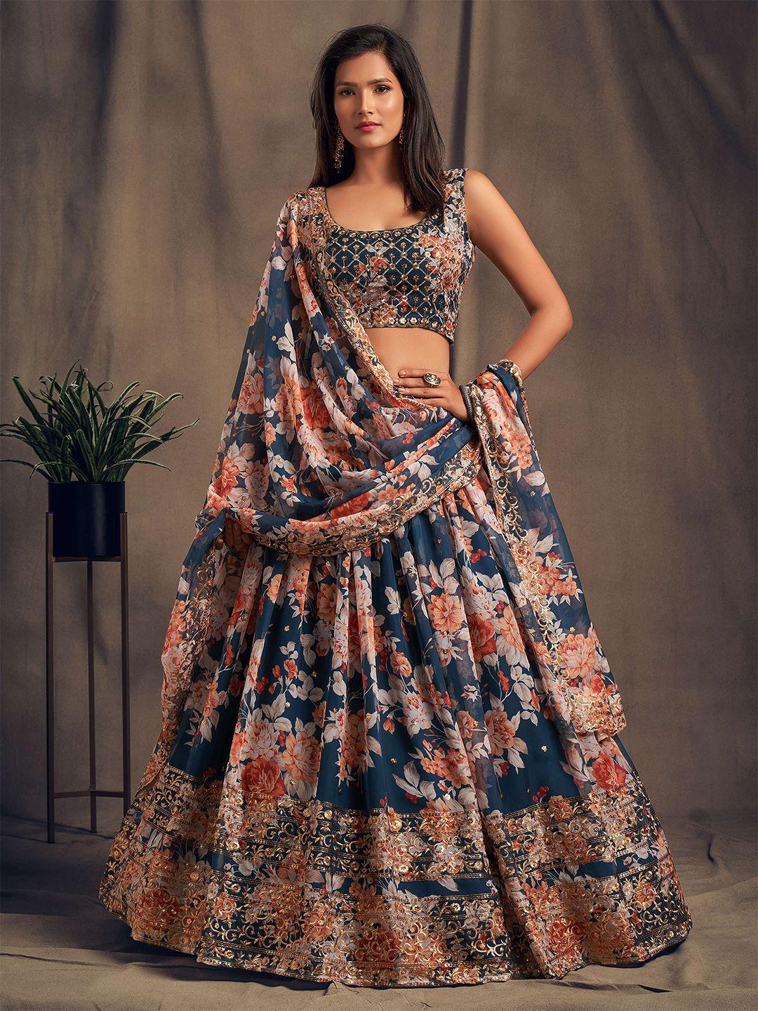 fabpixel blue & peach-coloured embroidered sequinned shibori semi-stitched lehenga & unstitched blouse with