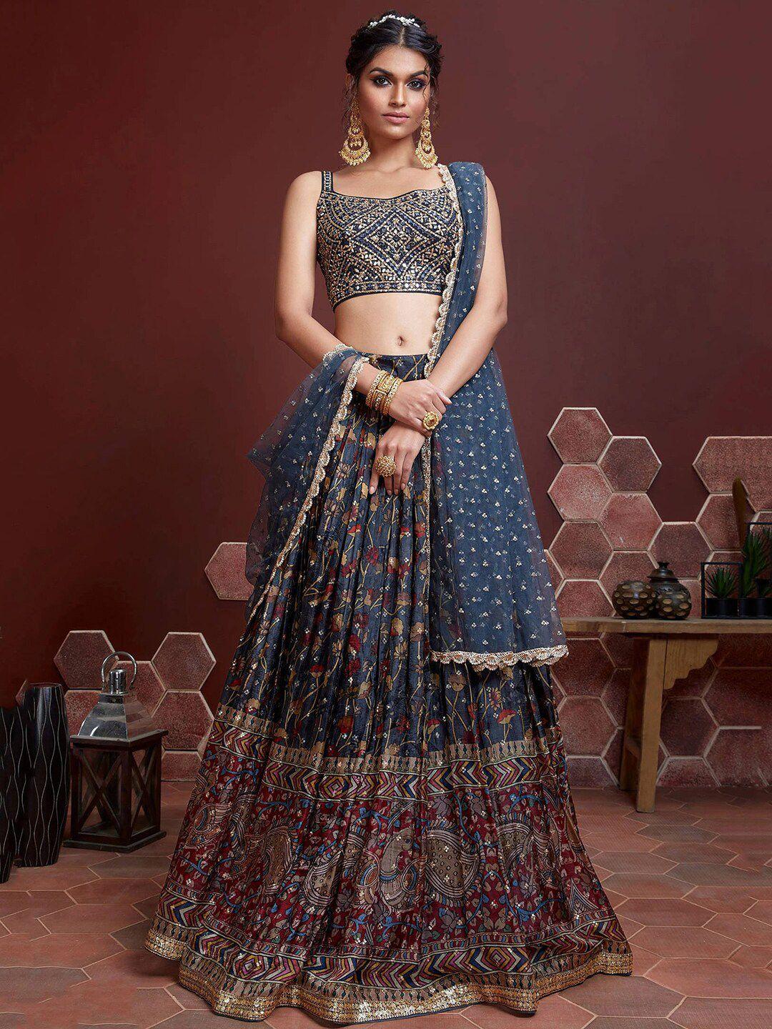 fabpixel blue & pink embellished semi-stitched lehenga & unstitched blouse with dupatta