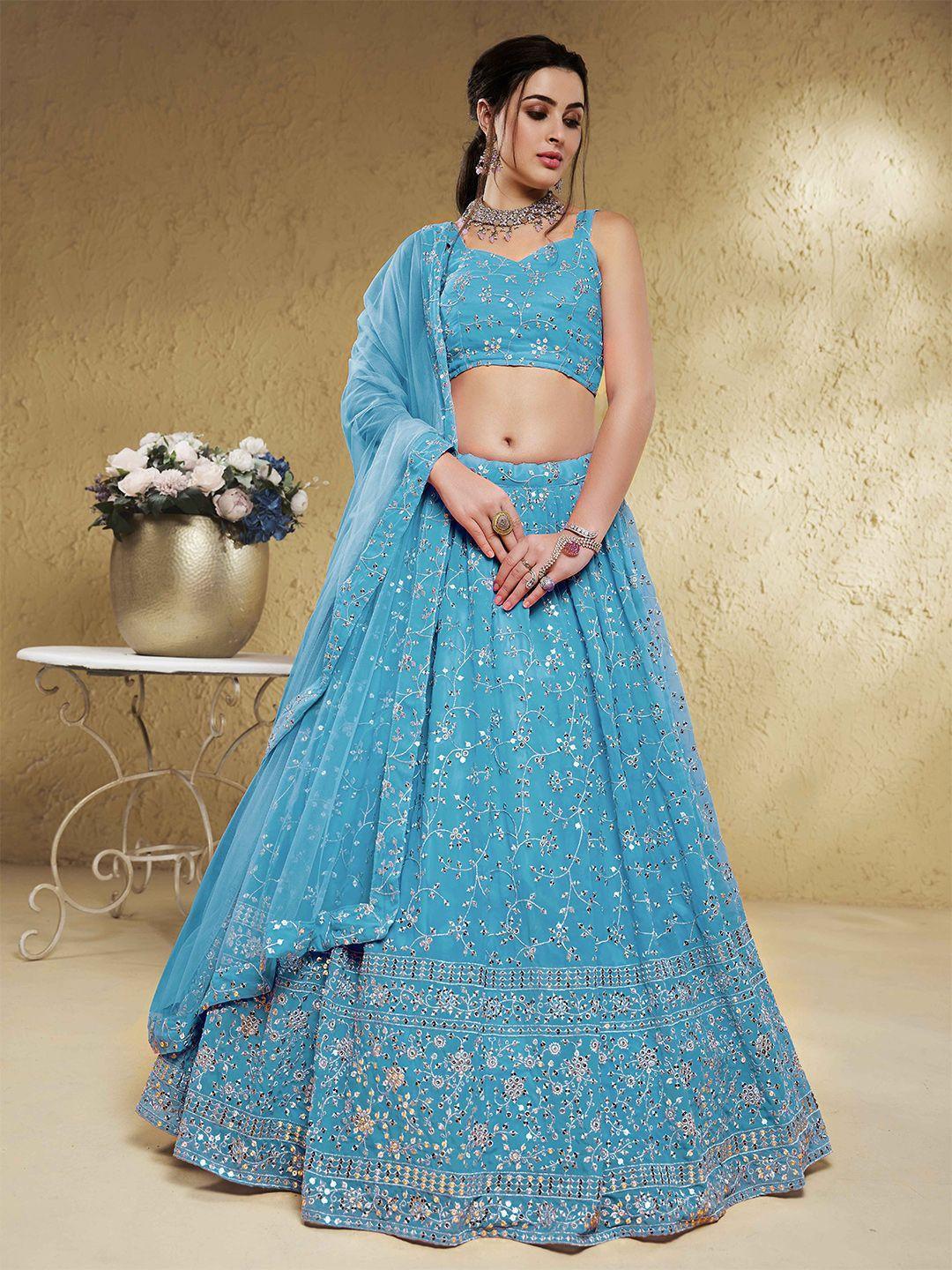 fabpixel blue embroidered sequinned semi-stitched lehenga & unstitched blouse with dupatta