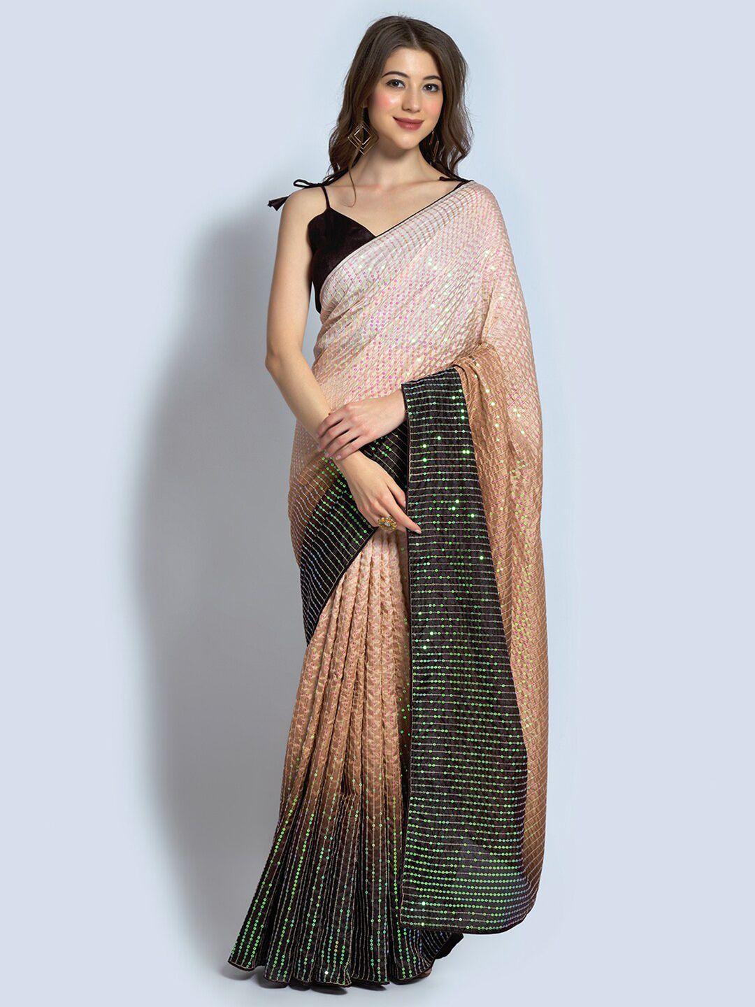 fabpixel brown & black ombre sequinned pure georgette heavy work saree