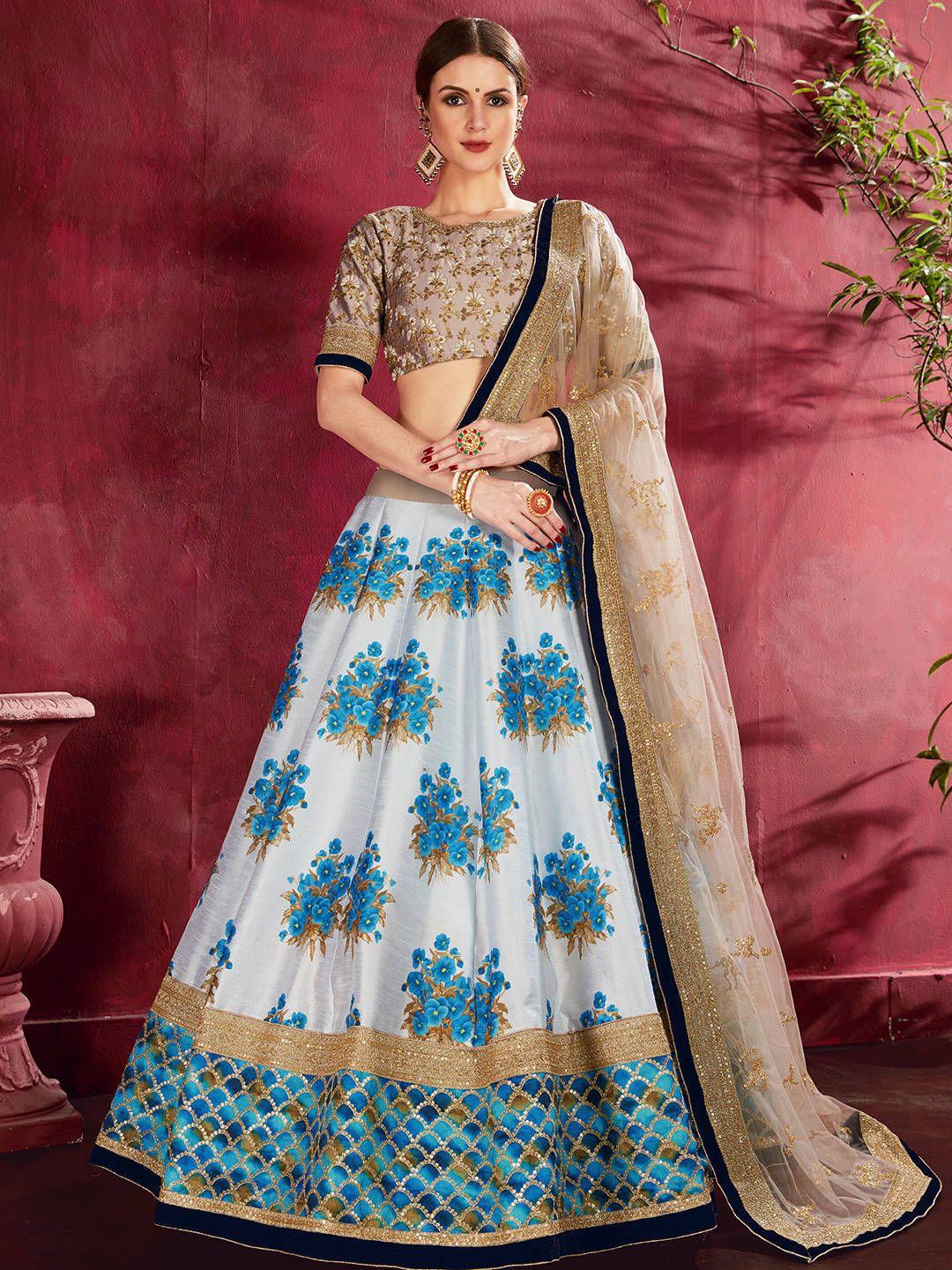 fabpixel cream-coloured & gold-toned embroidered semi-stitched lehenga & unstitched blouse with dupatta