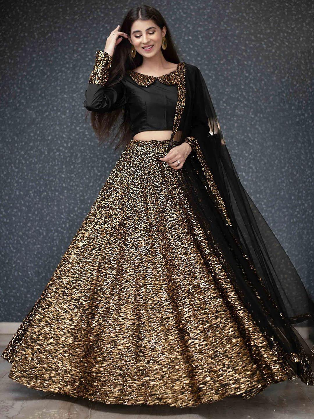 fabpixel embellished sequinned velvet semi-stitched lehenga & unstitched blouse & dupatta