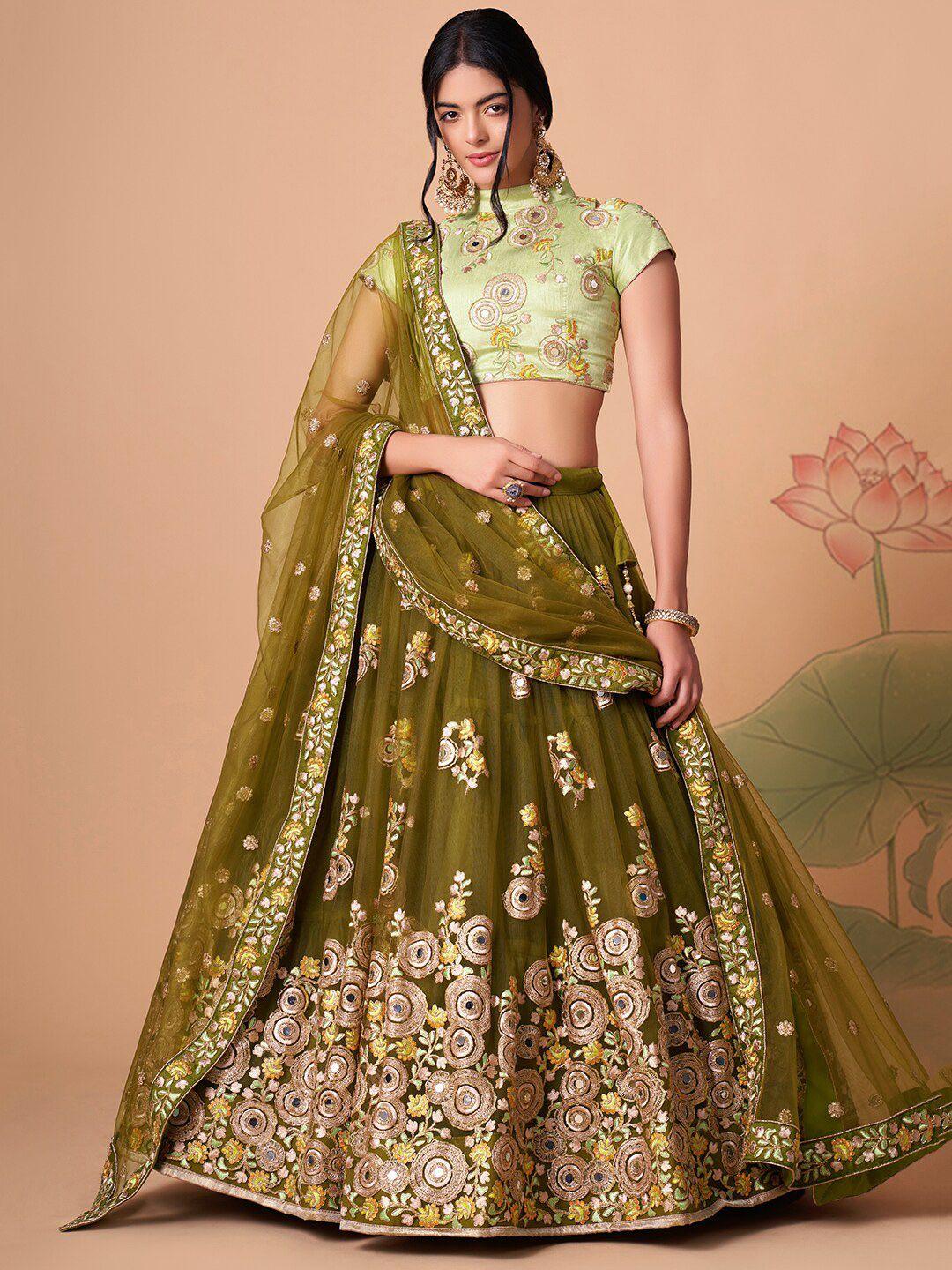 fabpixel embroidered mirror work semi-stitched lehenga & unstitched blouse with dupatta