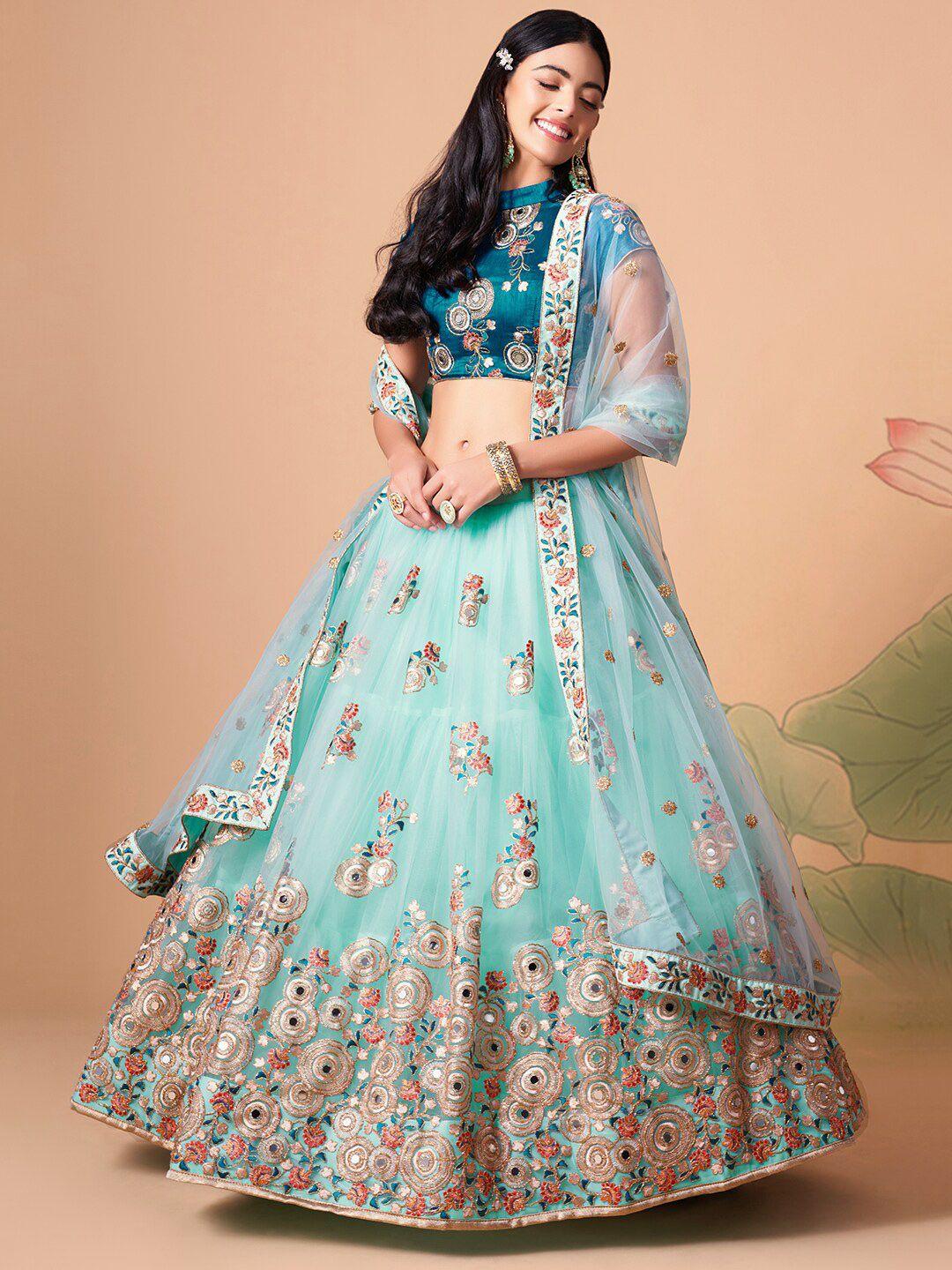 fabpixel embroidered mirror work semi-stitched lehenga & unstitched blouse with