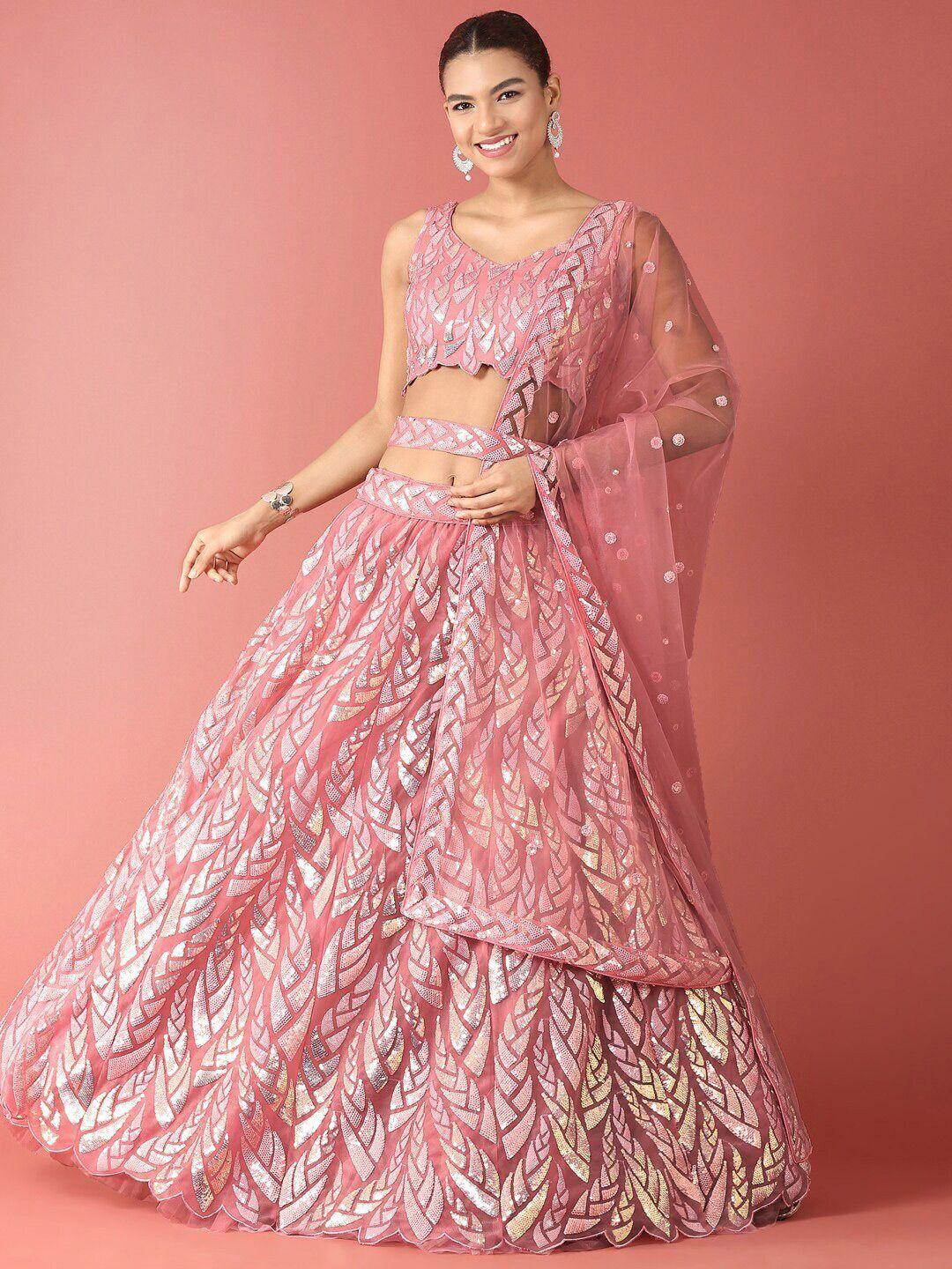 fabpixel embroidered sequinned semi-stitched lehenga & unstitched blouse with dupatta