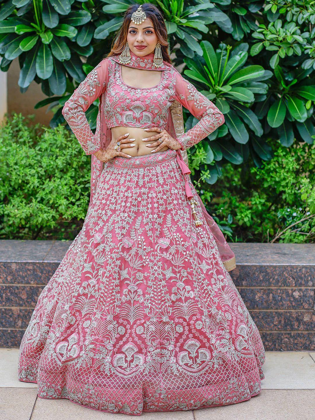 fabpixel embroidered thread work semi-stitched lehenga & unstitched blouse with dupatta