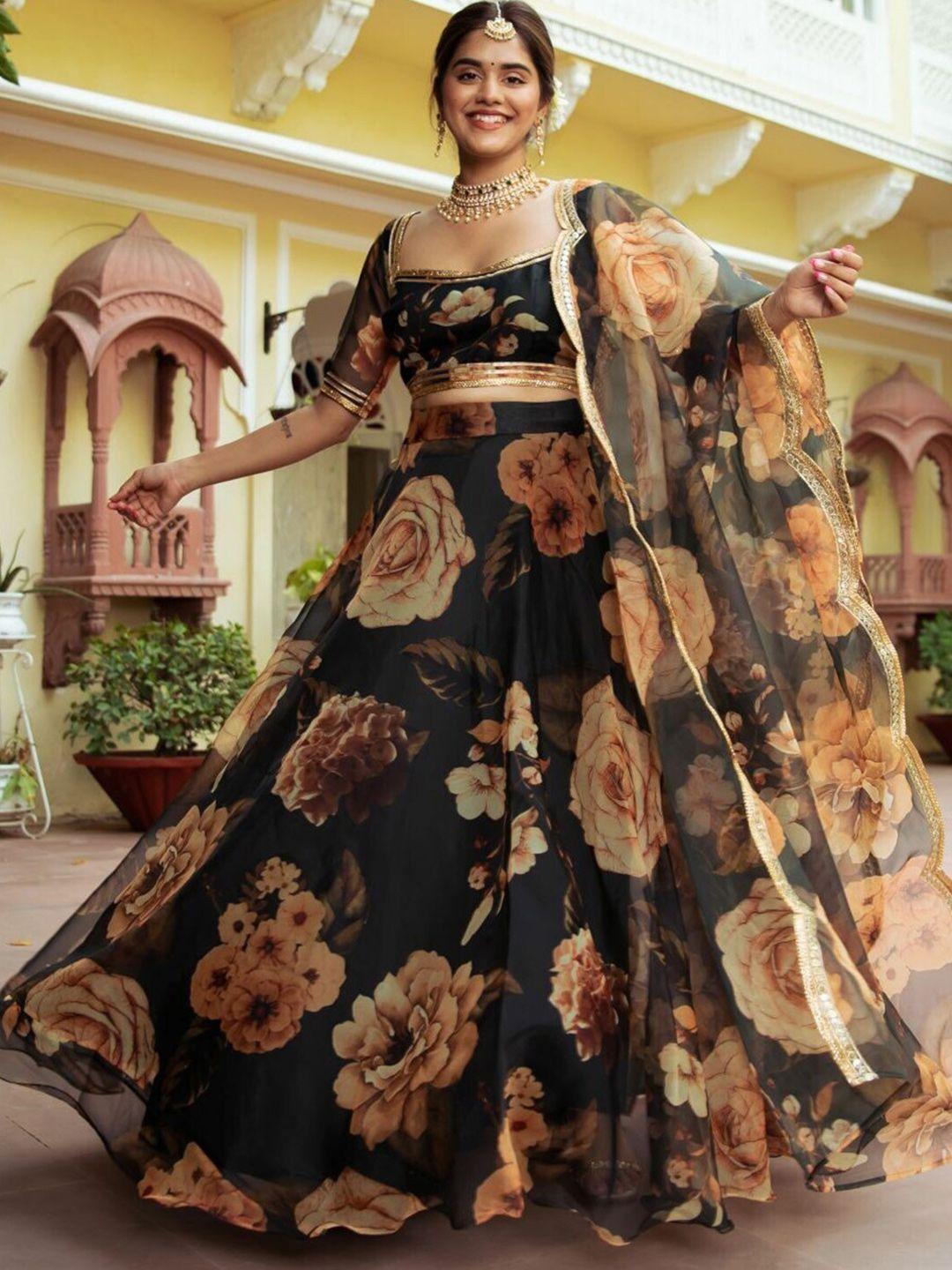 fabpixel floral printed sequinned semi-stitched lehenga & unstitched blouse with dupatta