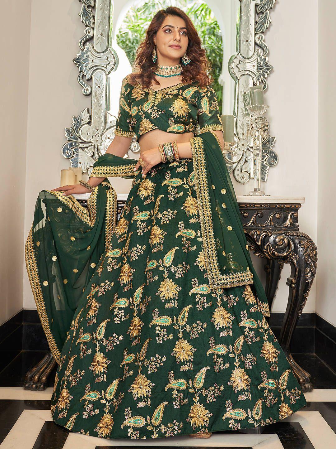 fabpixel green & gold-toned embroidered semi-stitched lehenga & unstitched blouse set