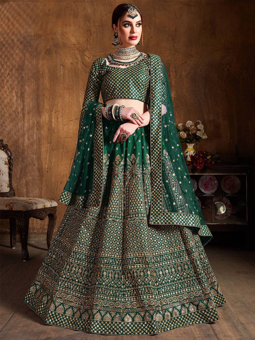 fabpixel green & gold-toned embroidered semi-stitched lehenga & unstitched blouse with dupatta