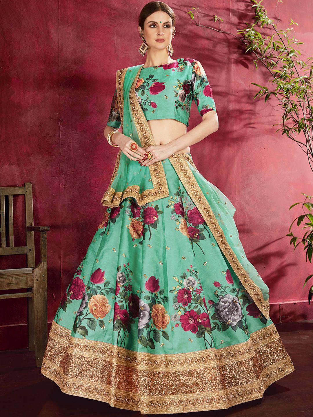 fabpixel green & purple printed semi-stitched lehenga & unstitched blouse with dupatta