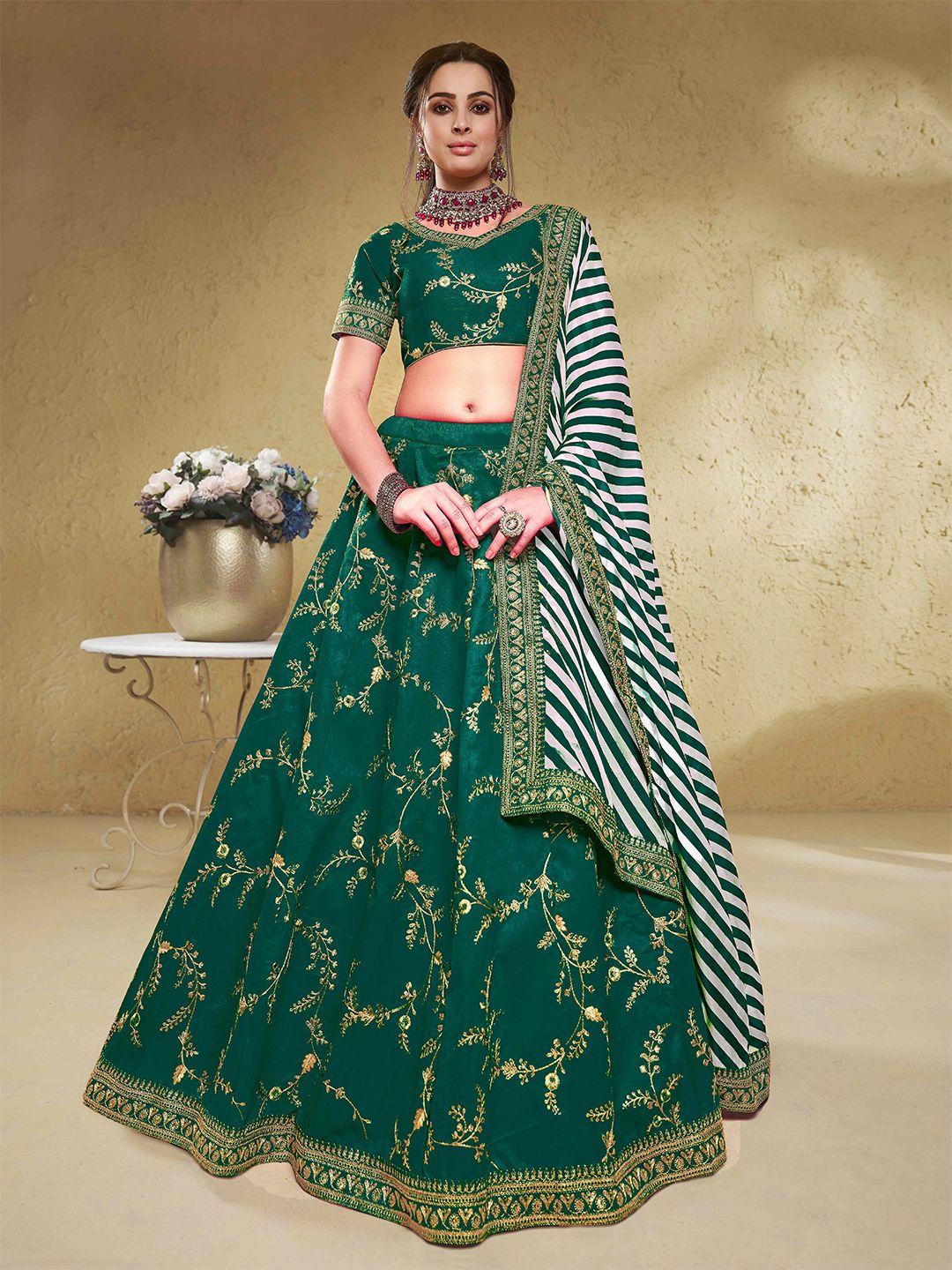 fabpixel green embroidered sequinned semi-stitched lehenga & unstitched blouse with dupatta