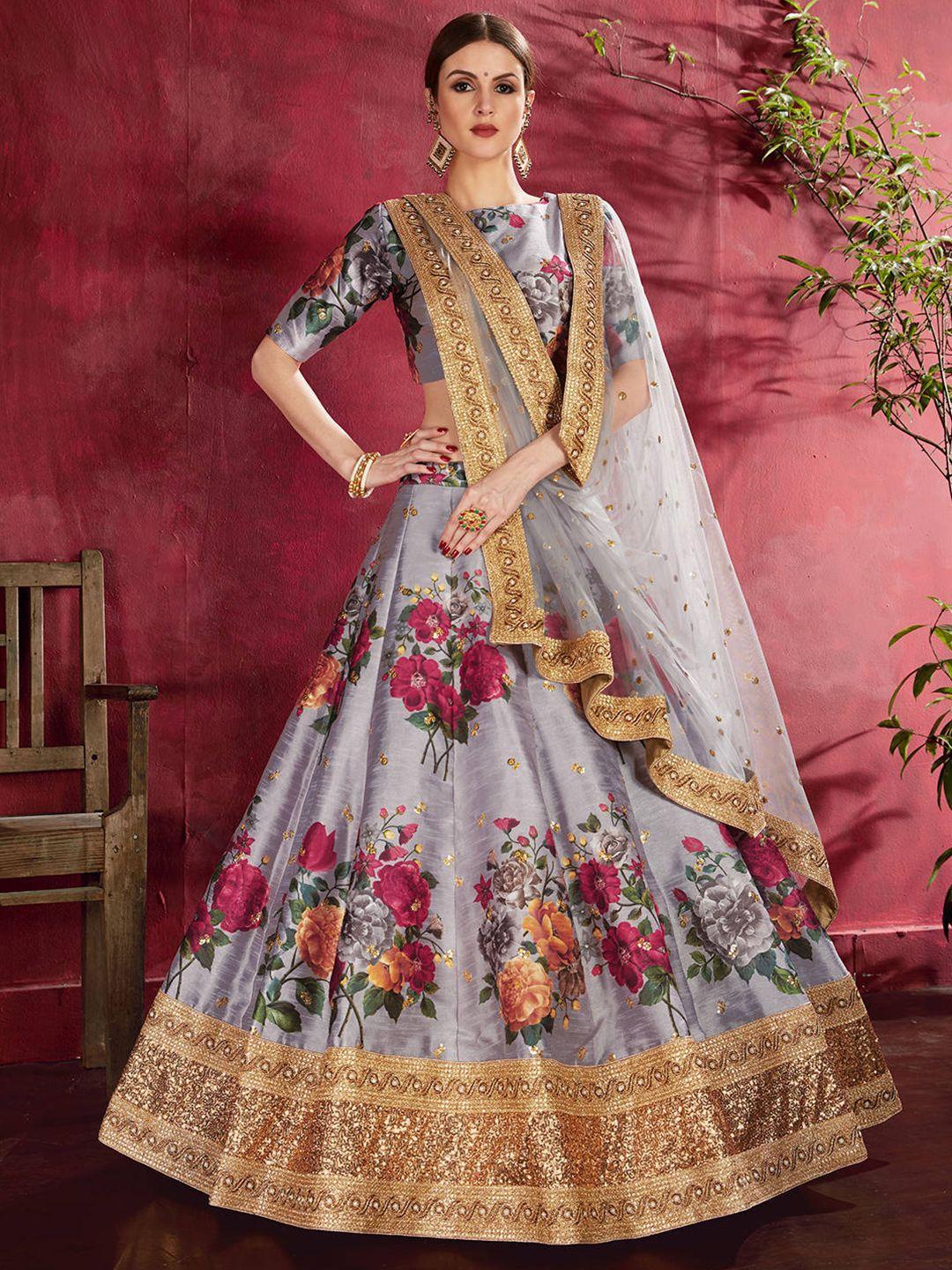 fabpixel grey & pink printed semi-stitched lehenga & unstitched blouse with dupatta