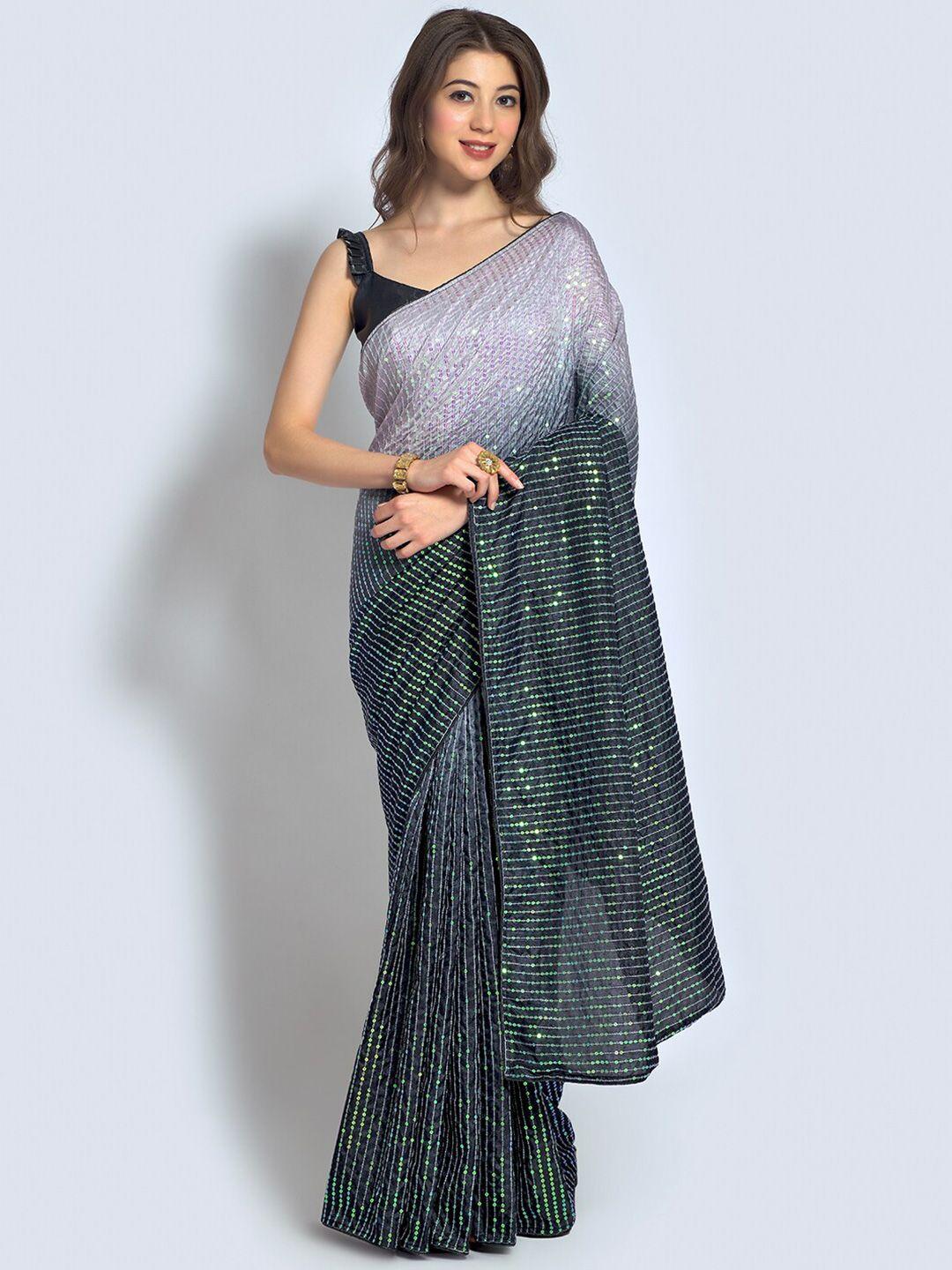 fabpixel grey & purple ombre sequinned pure georgette heavy work saree