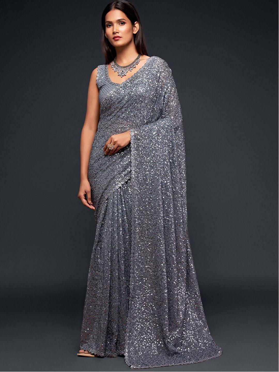 fabpixel grey embellished sequinned pure georgette saree