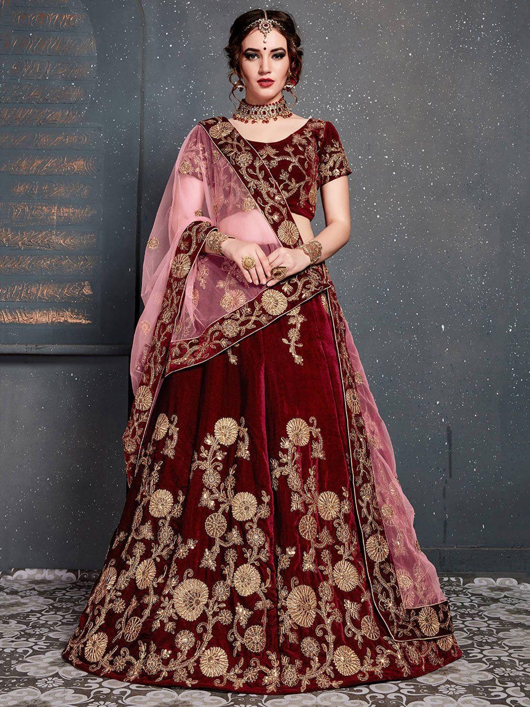 fabpixel maroon & gold-toned embroidered semi-stitched lehenga & unstitched blouse with dupatta