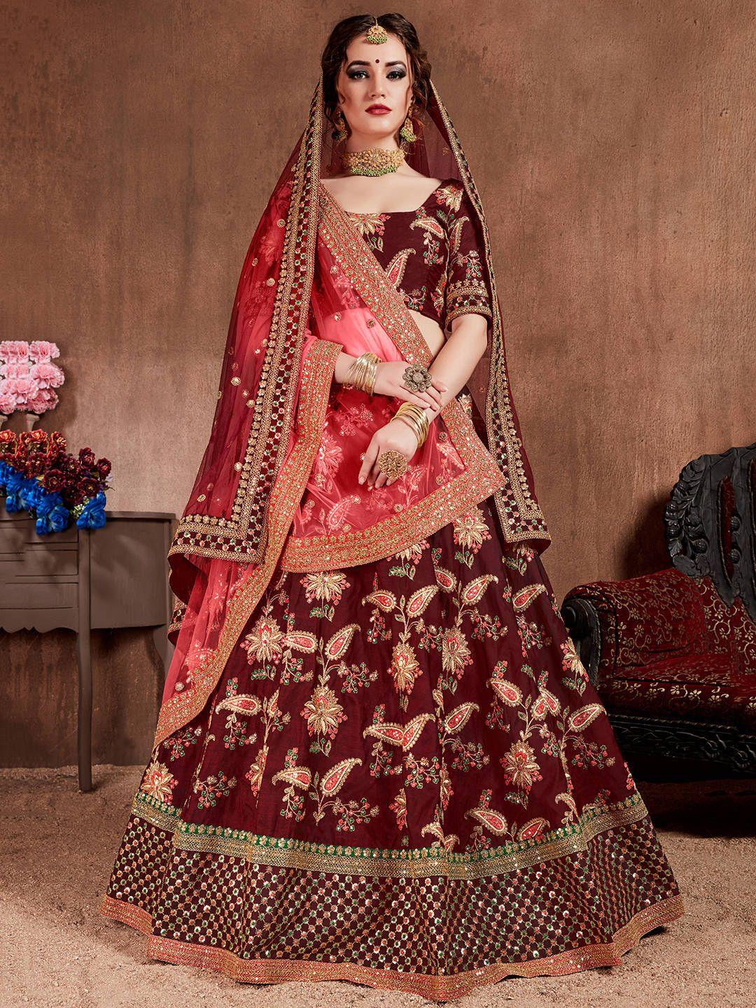 fabpixel maroon & pink embroidered sequinned semi-stitched lehenga & unstitched blouse with dupatta