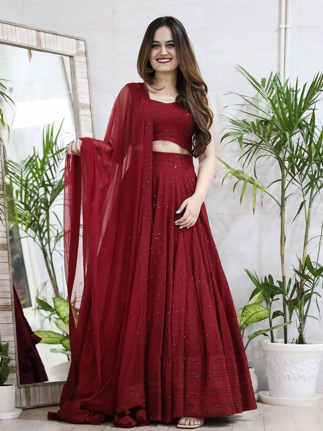 fabpixel maroon embroidered sequinned semi-stitched lehenga & unstitched blouse with dupatta