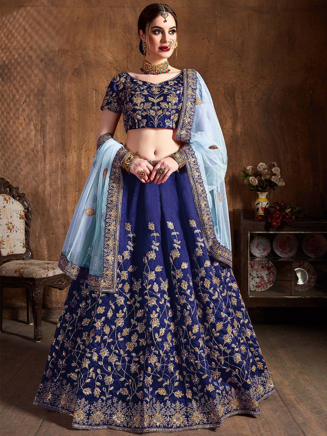 fabpixel navy blue & gold-toned embroidered thread work semi-stitched lehenga & unstitched blouse with