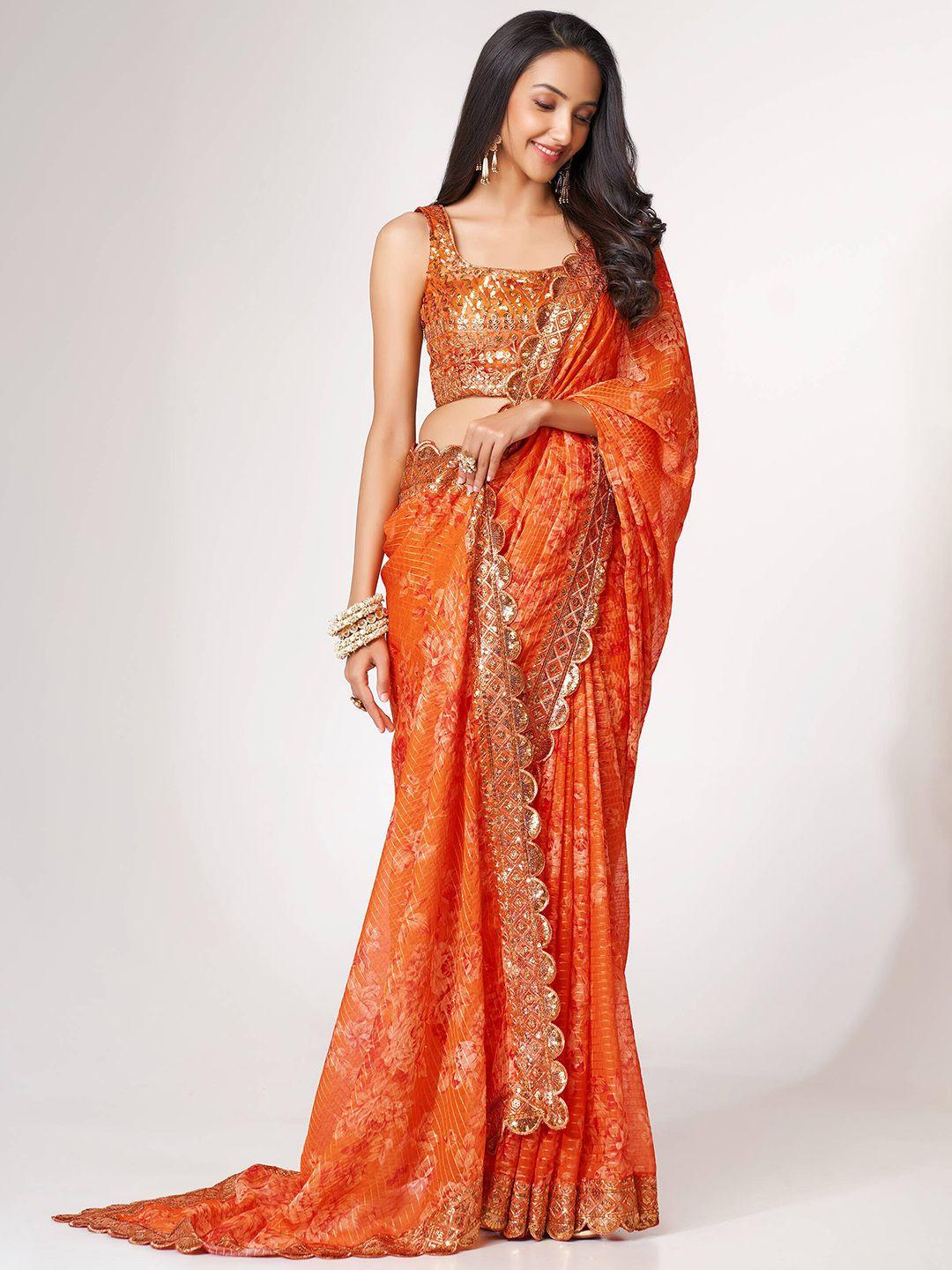 fabpixel orange embellished sequinned organza leheriya saree