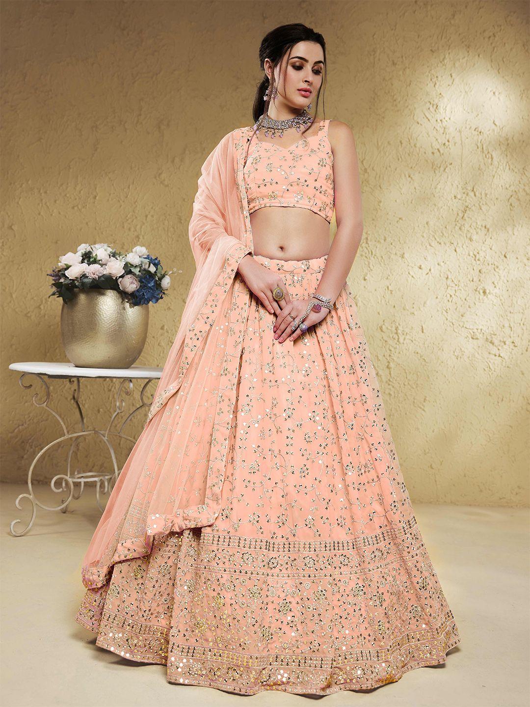 fabpixel pink & gold-toned embroidered sequinned semi-stitched lehenga & unstitched blouse with dupatta