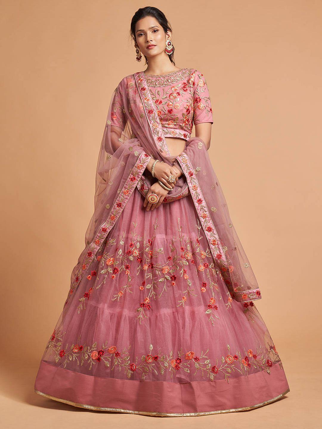 fabpixel pink & orange embroidered kalamkari semi-stitched lehenga & unstitched blouse with dupatta