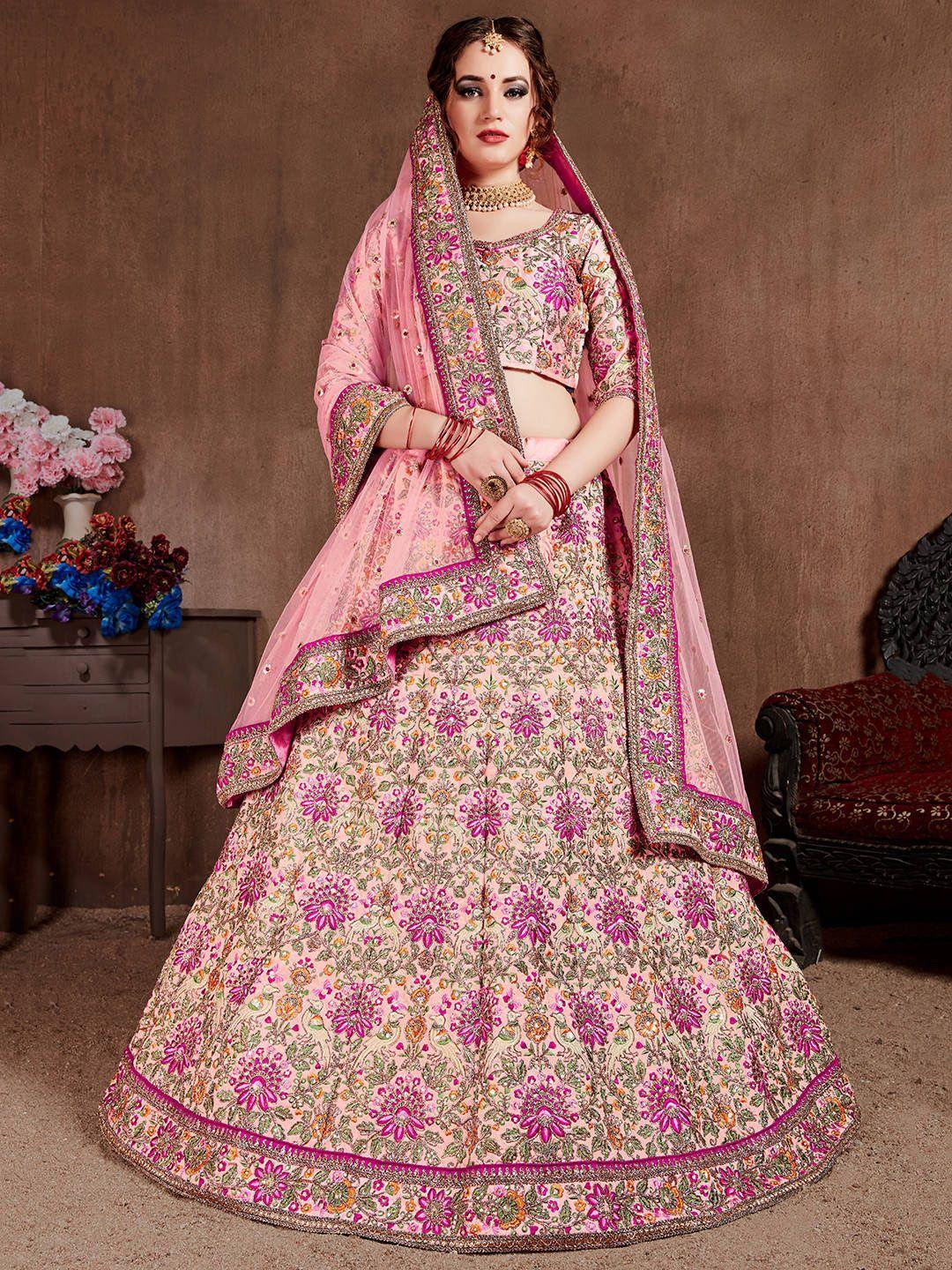 fabpixel pink & purple embroidered semi-stitched lehenga & unstitched blouse with dupatta