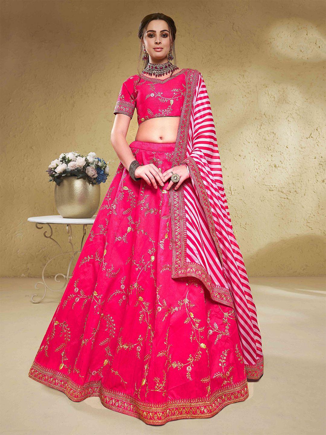 fabpixel pink & white embroidered sequinned semi-stitched lehenga & unstitched blouse with dupatta