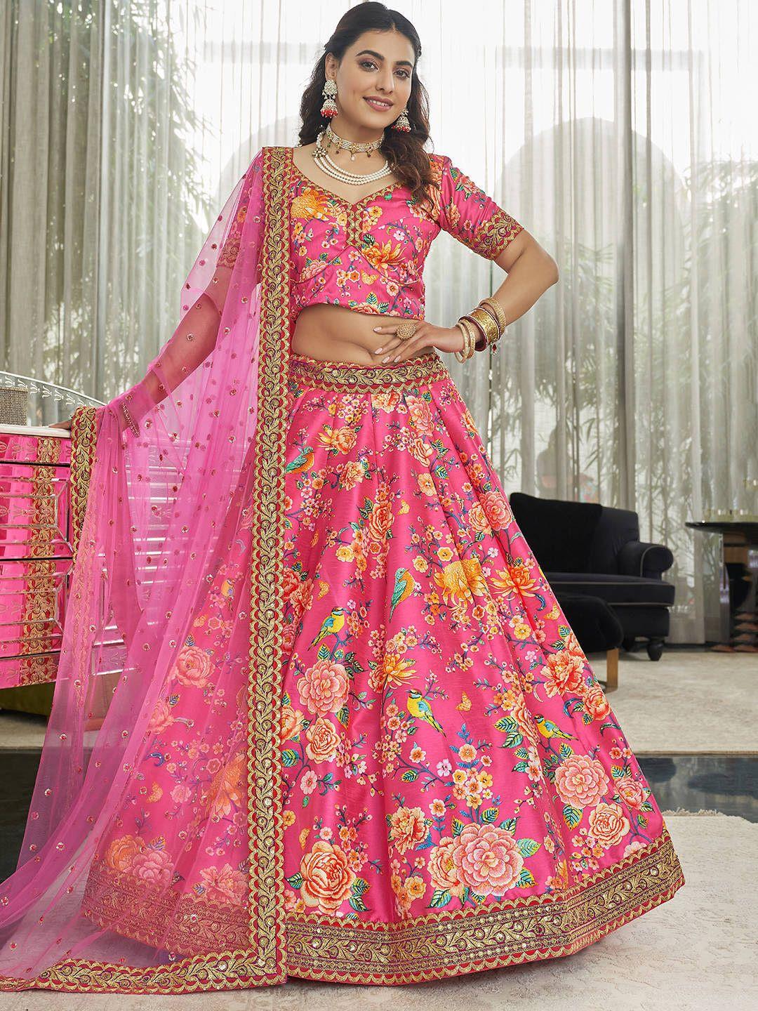 fabpixel pink printed semi-stitched lehenga & unstitched blouse with dupatta