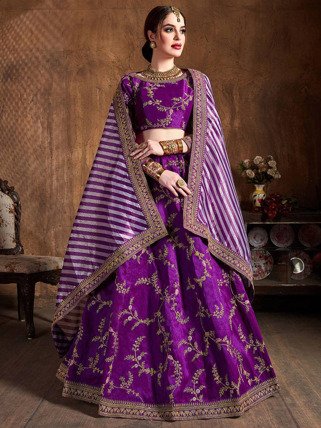 fabpixel purple & gold-toned embroidered semi-stitched lehenga & unstitched blouse with dupatta