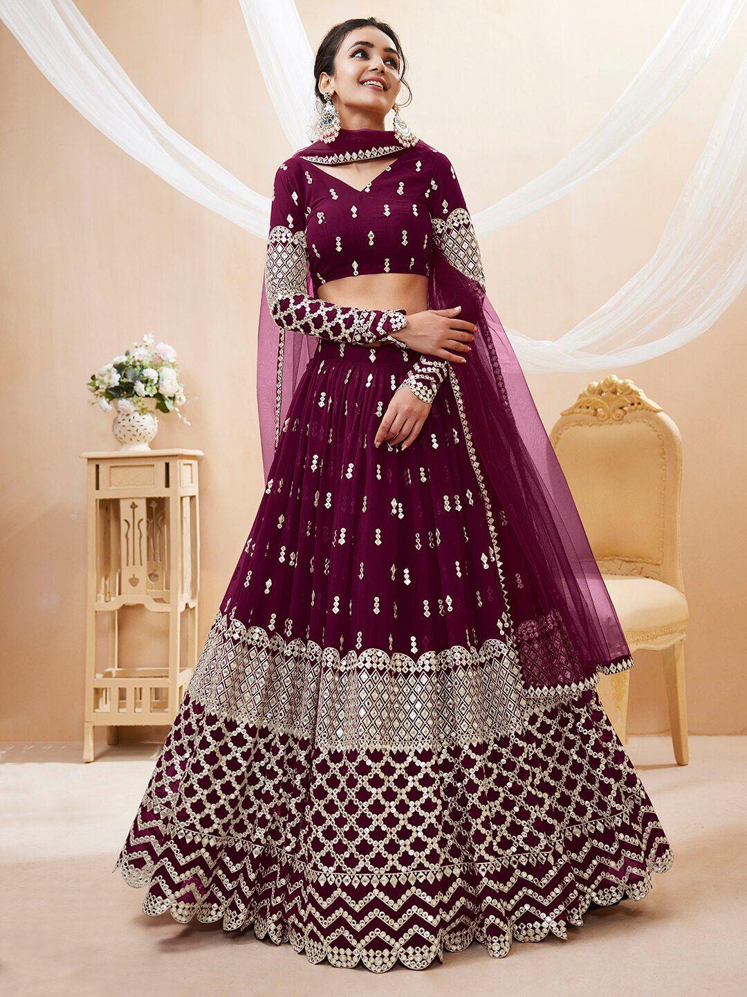 fabpixel purple & gold-toned embroidered sequinned semi-stitched lehenga & unstitched blouse with dupatta