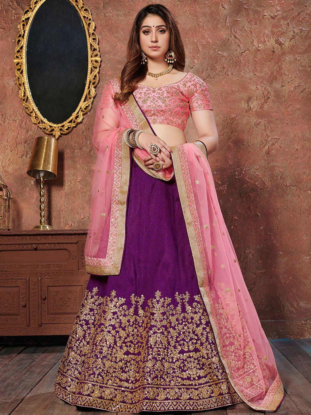 fabpixel purple & pink embroidered bridal lehenga choli set with dupatta