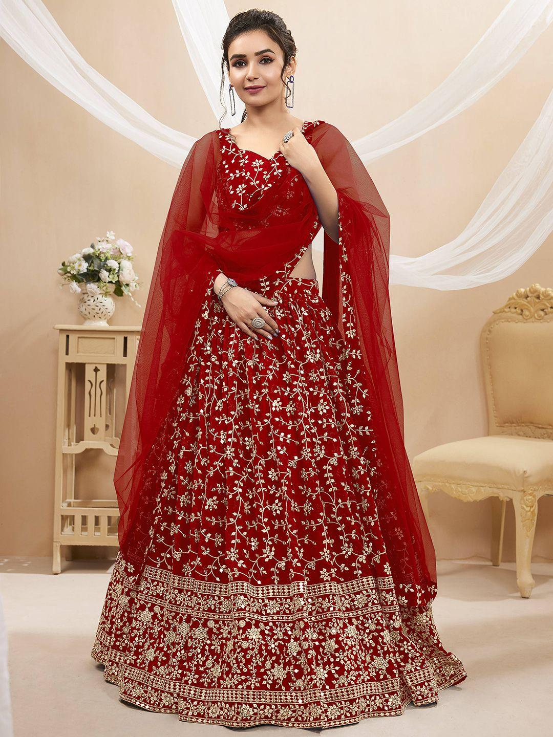 fabpixel red & gold-toned embroidered sequinned semi-stitched lehenga & unstitched blouse with dupatta