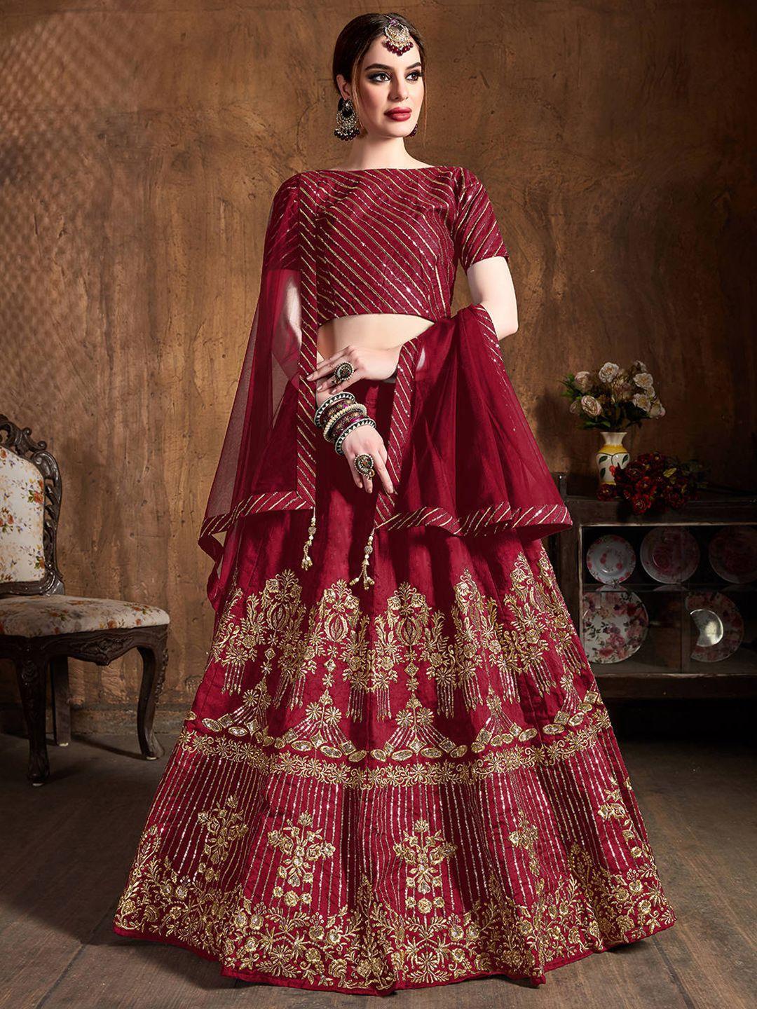 fabpixel red & gold-toned embroidered thread work semi-stitched lehenga & unstitched blouse with dupatta