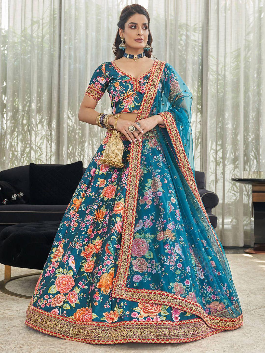 fabpixel teal & orange printed beads and stones semi-stitched lehenga & unstitched blouse with dupatta