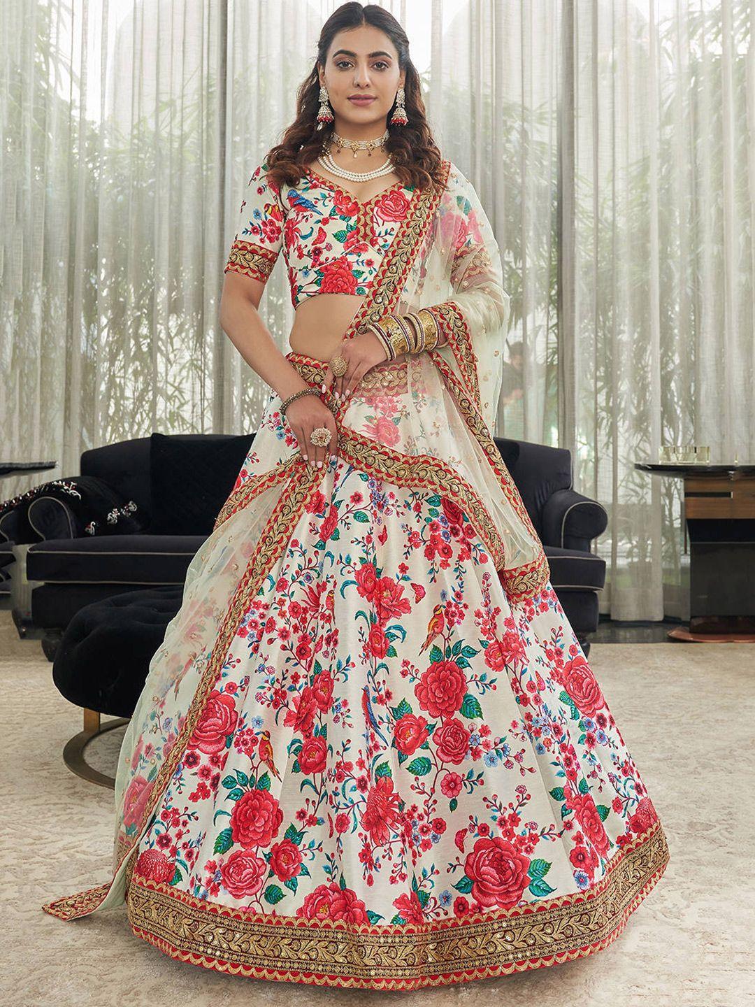 fabpixel white & red printed beads and stones semi-stitched lehenga & unstitched blouse with dupatta