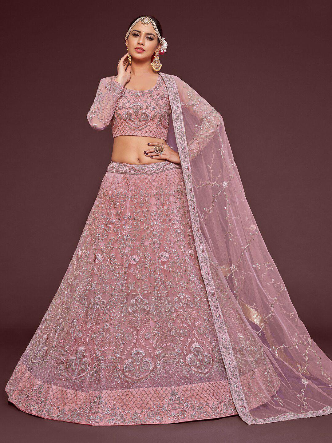 fabpixel women pink & gold embroidered semi-stitched lehenga & blouse with dupatta