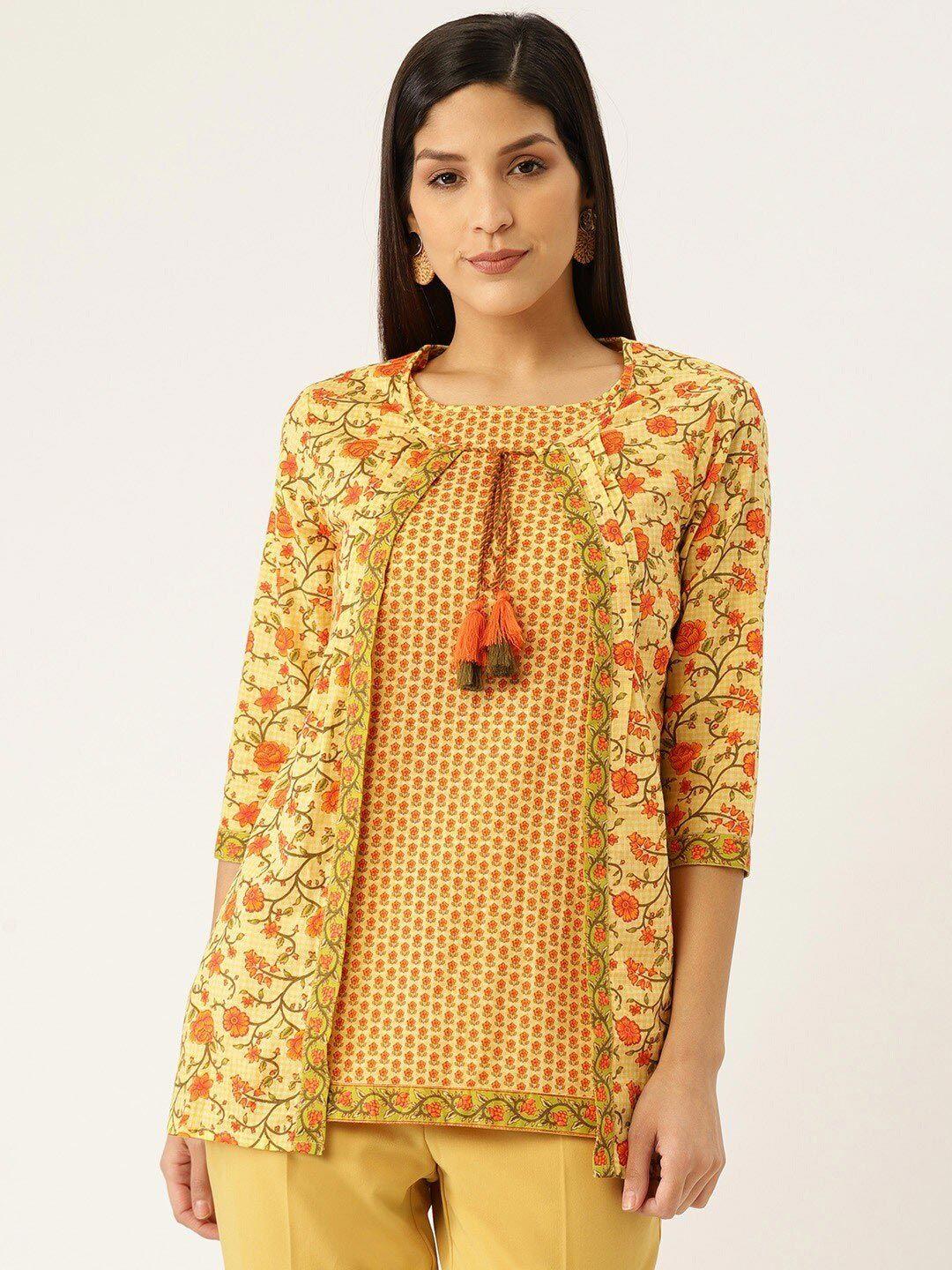 fabric fitoor mustard yellow floral print tie-up neck top