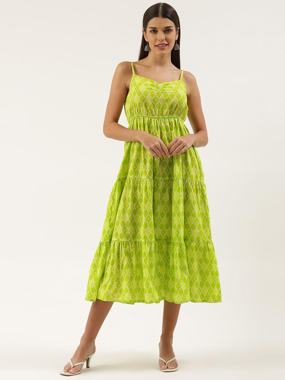 fabric fitoor lime green ethnic motifs ikat printed a-line midi dress