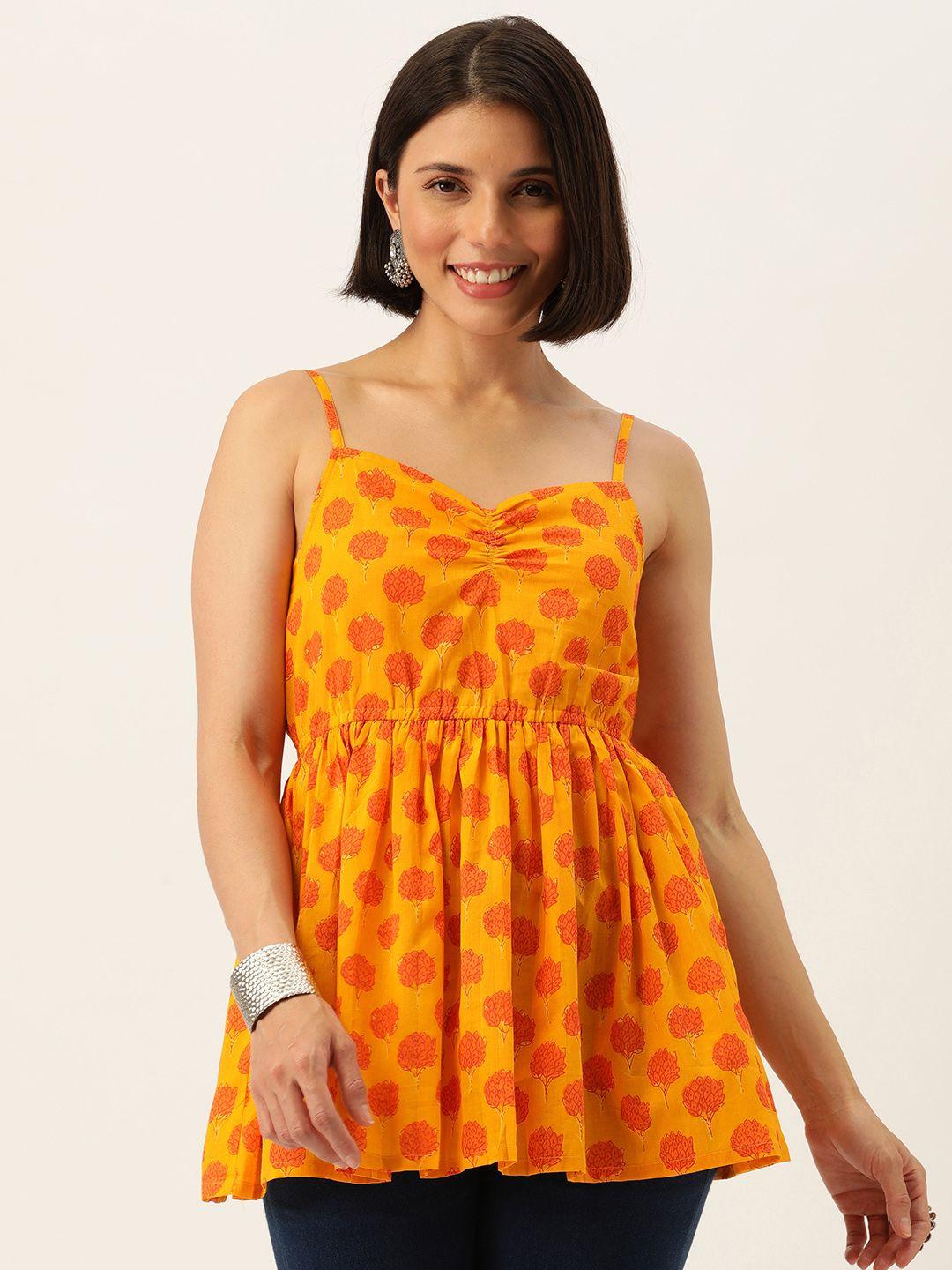 fabric fitoor mustard yellow & orange floral print peplum top