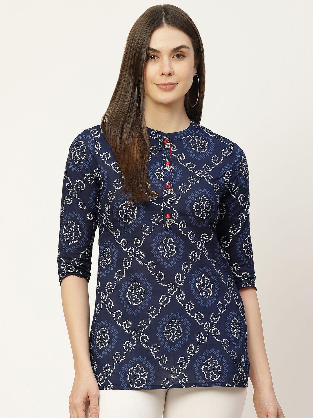 fabric fitoor navy blue & off white pure cotton bandhani print top