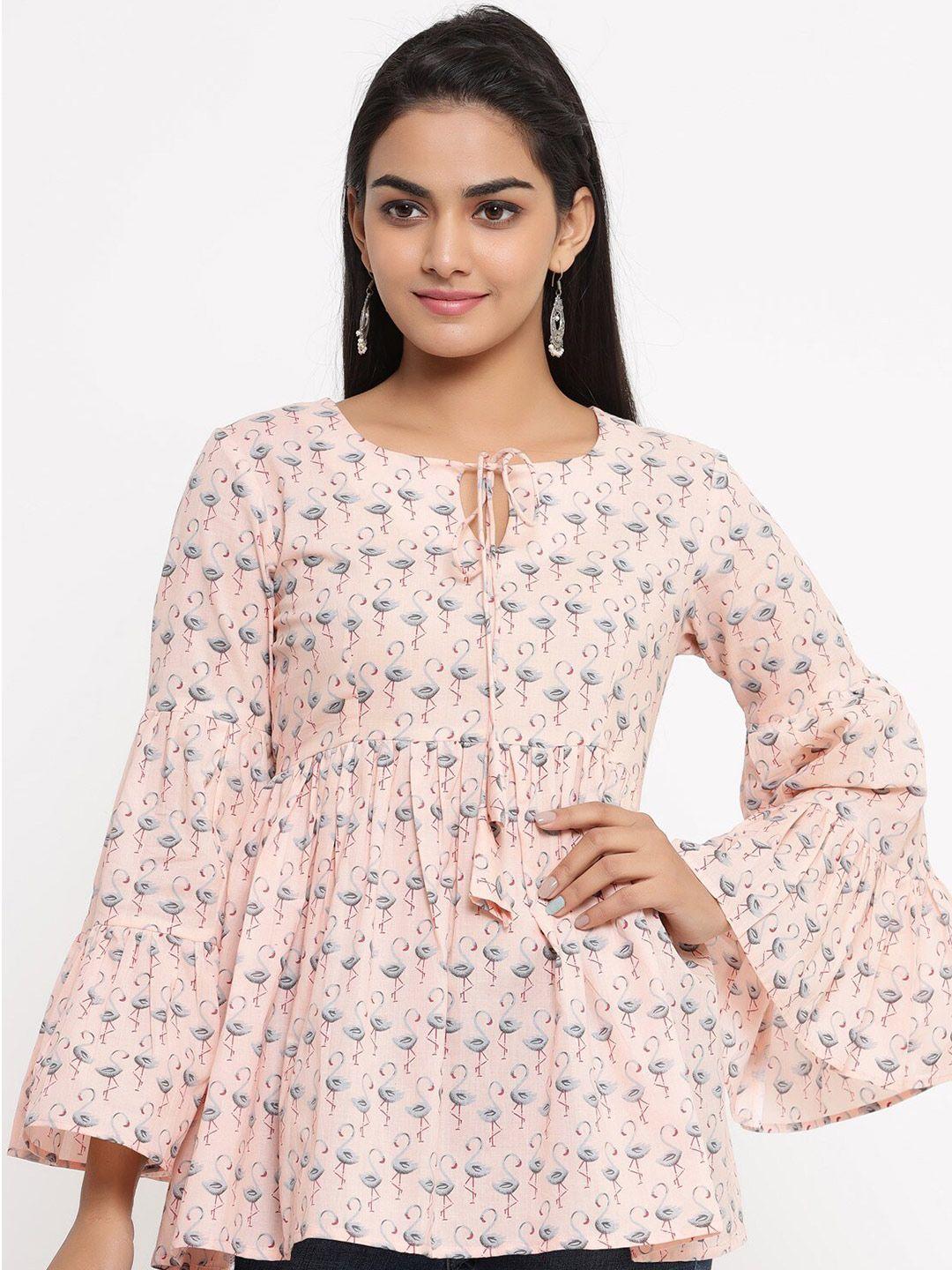 fabric fitoor peach-coloured & grey  tie-up neck bell sleeve cotton empire top
