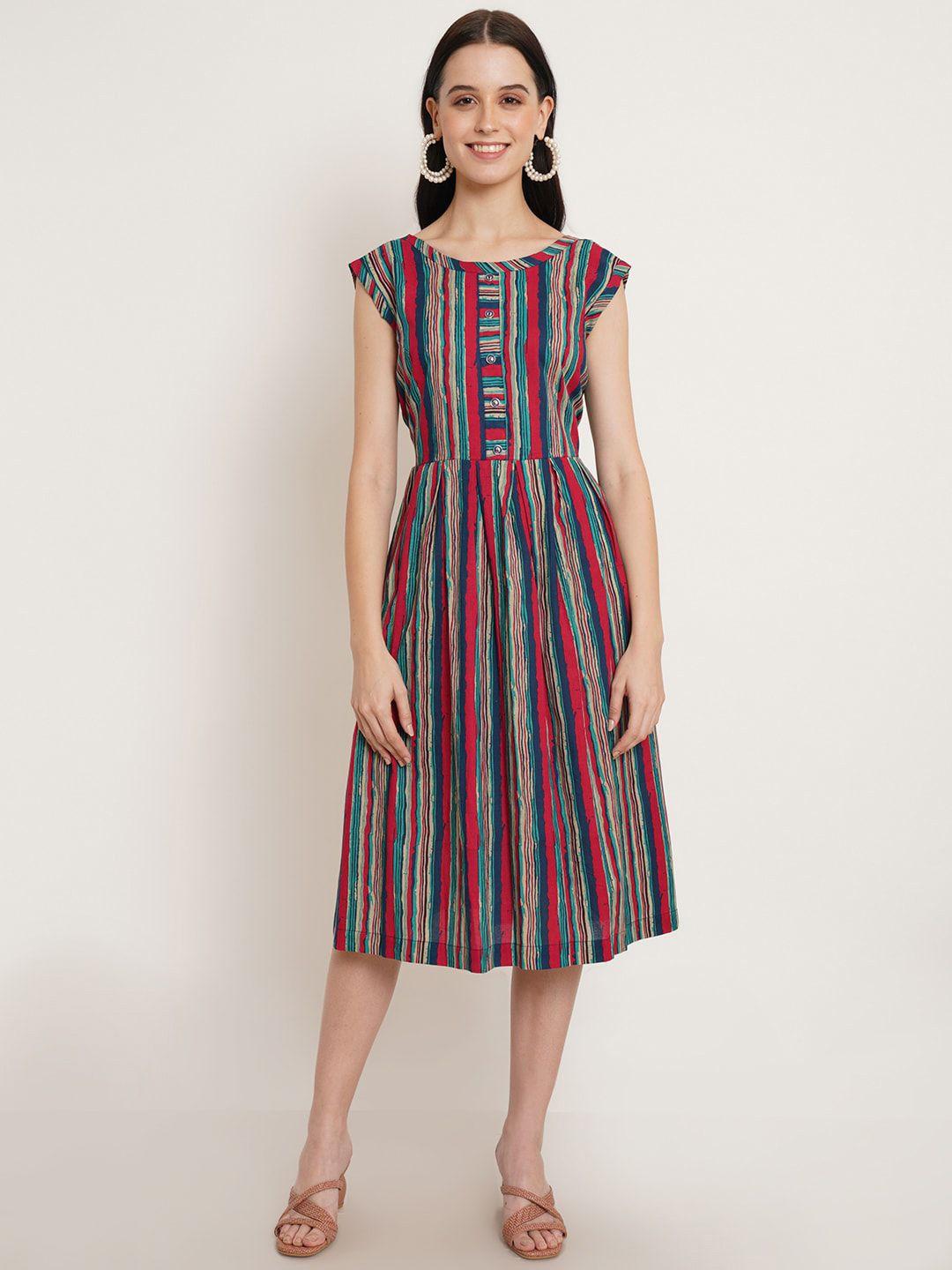 fabric fitoor red striped fit & flare midi dress