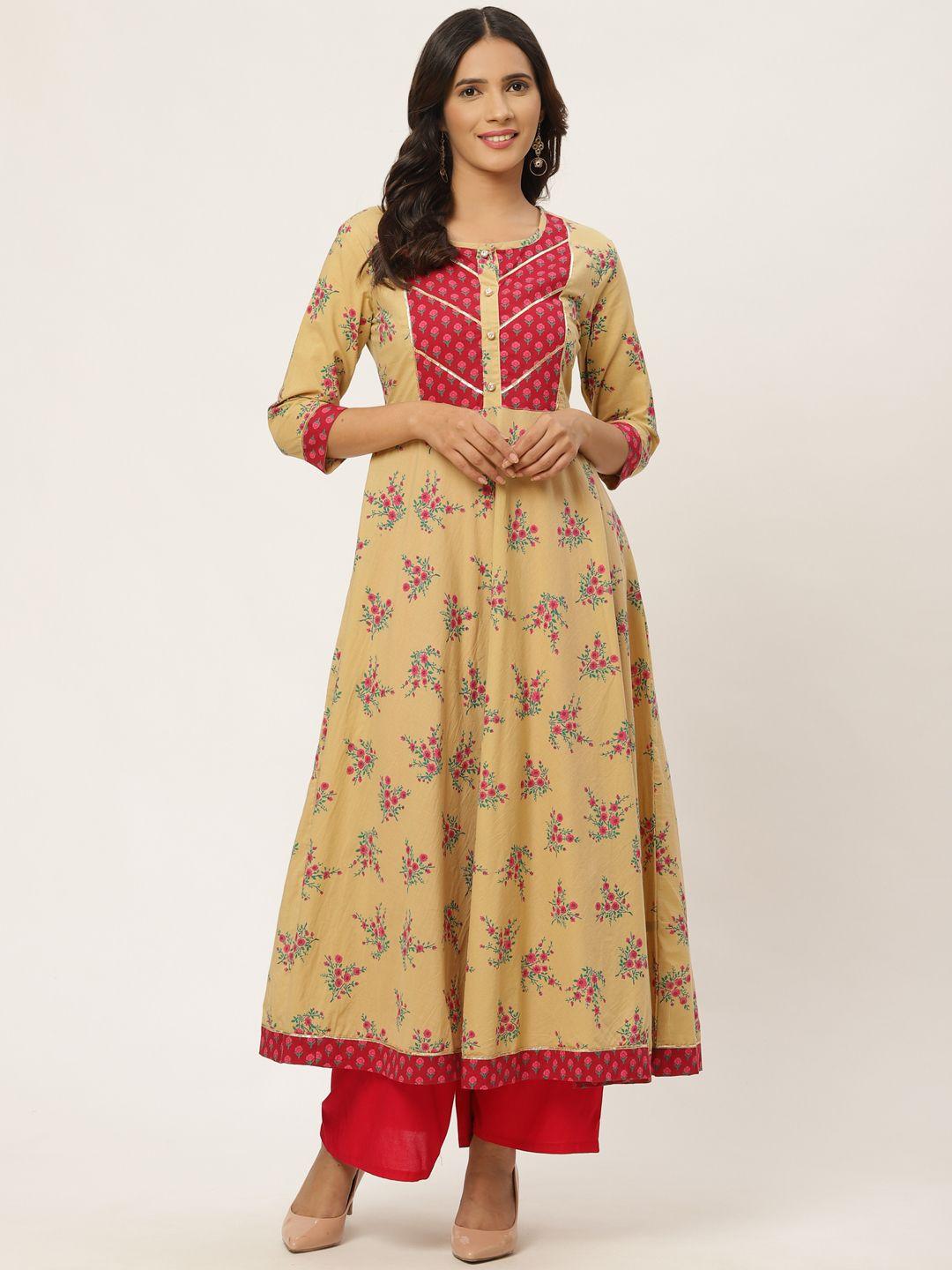 fabric fitoor women beige & pink floral printed a-line kurta